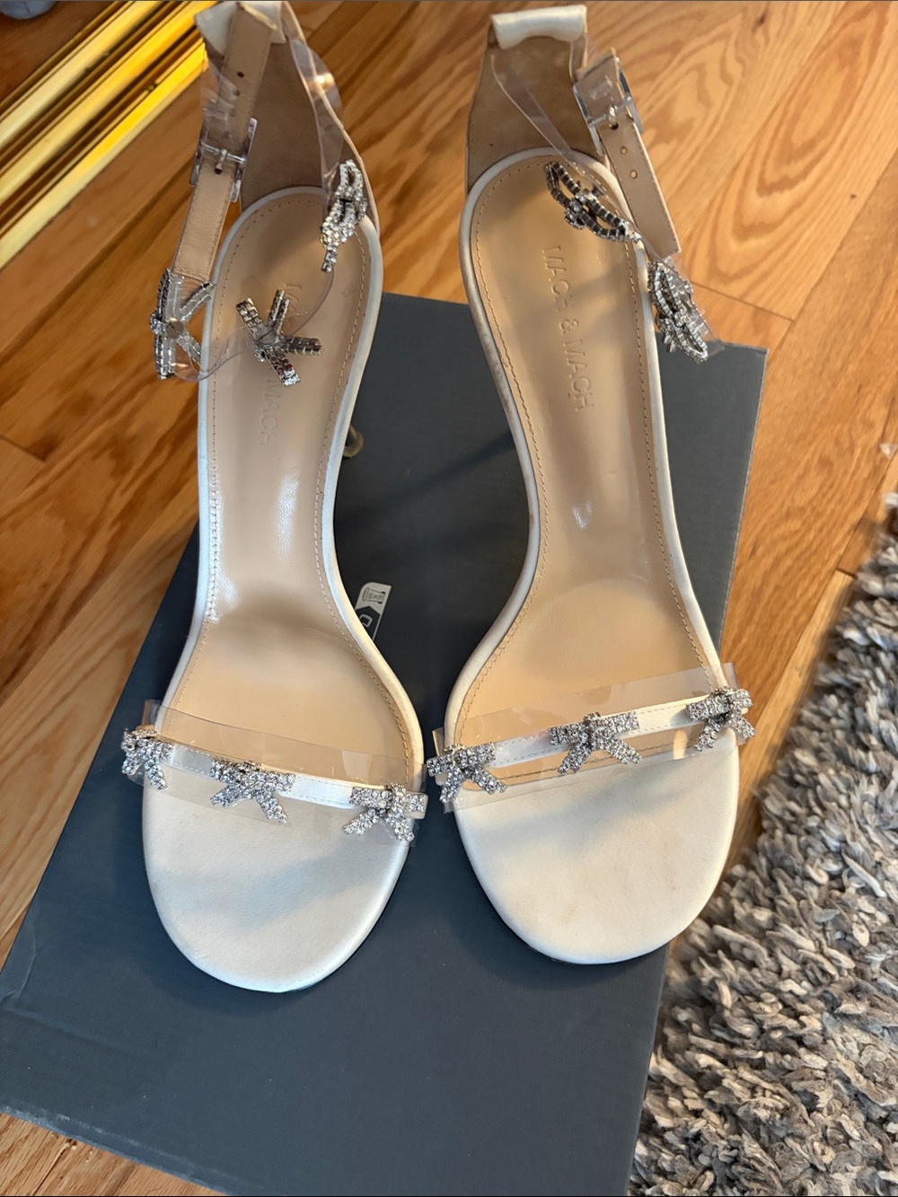 Mach & Mach off white with  Silver Crystal Bow Ankle-Strap Heels